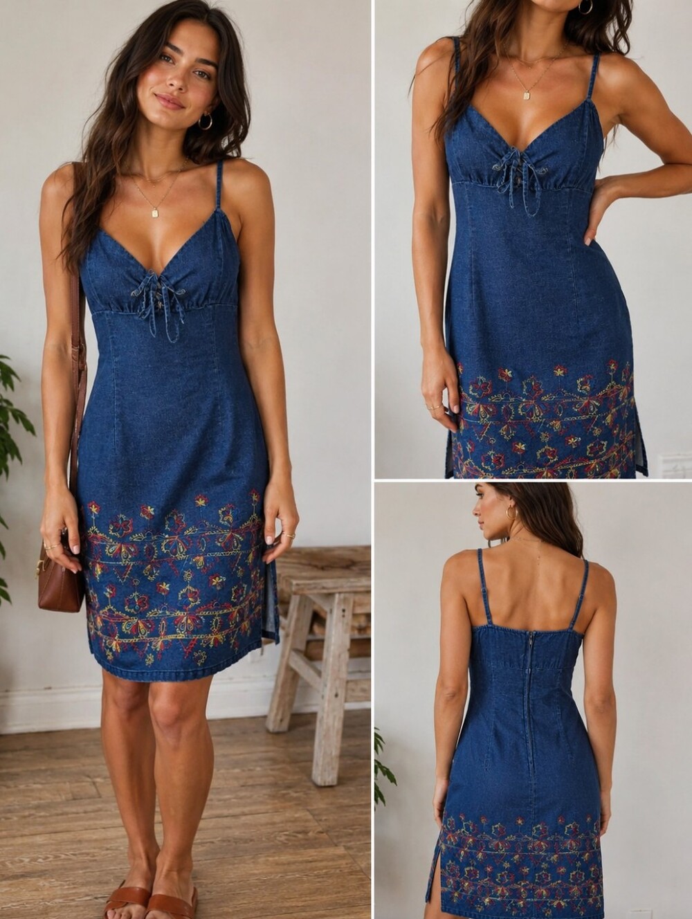 Jonathan Martin Embroidered Denim Dress | Lace-Up Bust | Floral Hem | Size 9